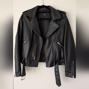 Quince Black Leather Biker Jacket with Silver Hardware